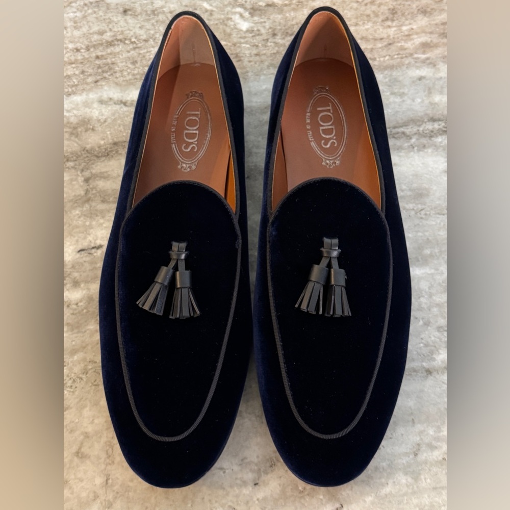 TODS DARK BLUE VELVET TASSEL LOAFERS SLIPPERS $995 10.5/ US 12 TUXEDO SHOES